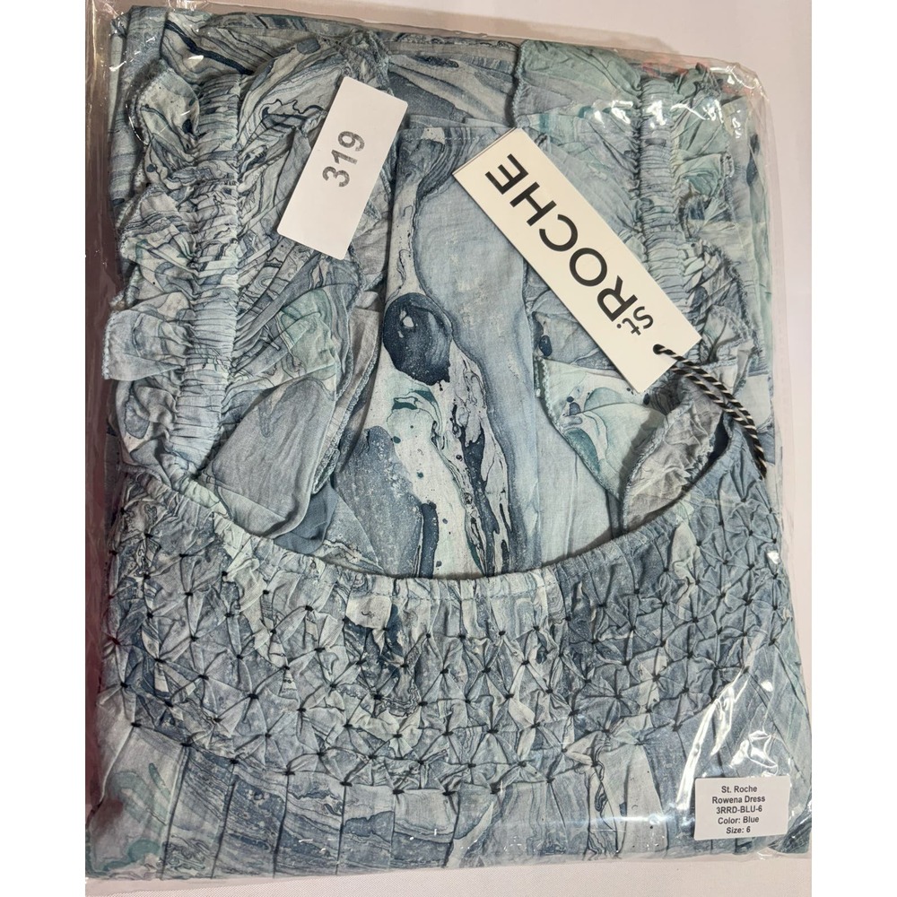 St. Roche NWT Rowena Midi Dress Blue Marble‎ Ruffle Neck Size 4 MSRP $360 - Picture 6 of 7
